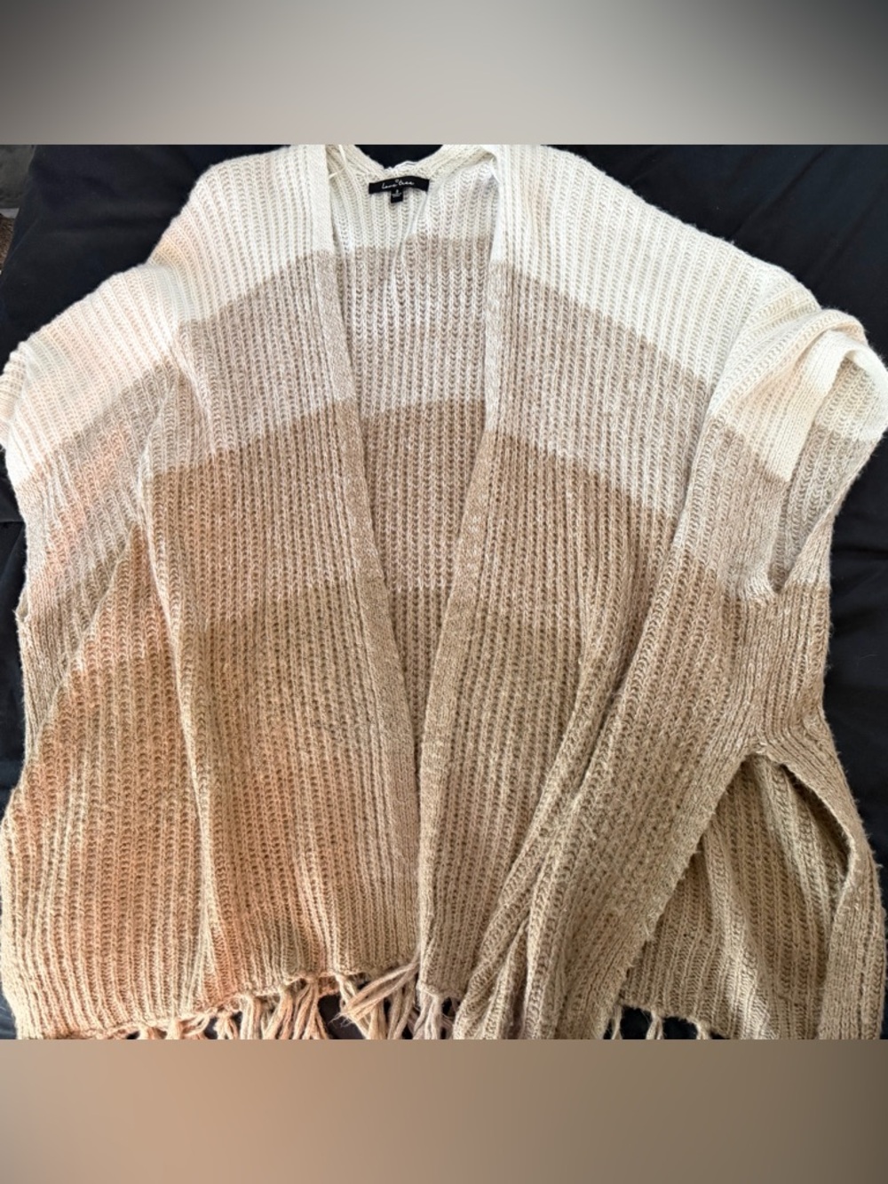 Love Tree Cream and Tan Striped Open-Front Fringe Kimono